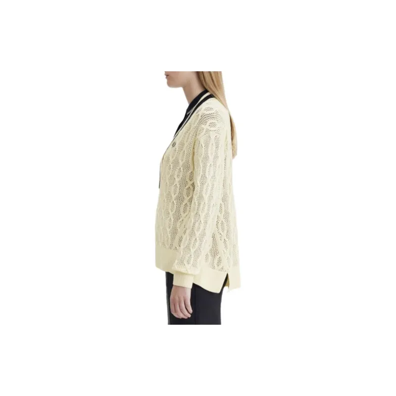 FRED PERRY Open Knit V Neck Jumper Sweater Women's Light Yellow-4