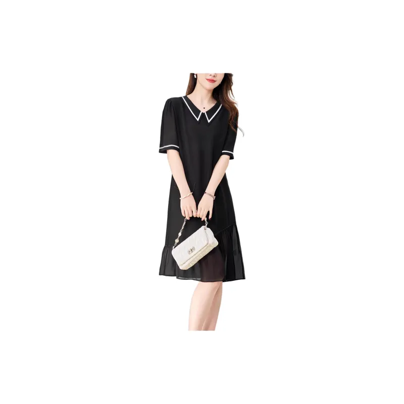 Yi Mengyuan Silk Short Sleeved Dress Women's Black-1