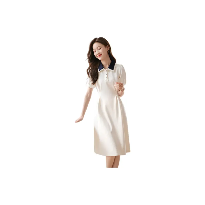 Mo Han Yi Mei Short Sleeved Dress Women's Ecru & Navy Blue-5