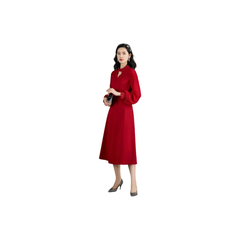 BBLLUUEE Long Sleeved Dress Women's Maple Leaf Red-3