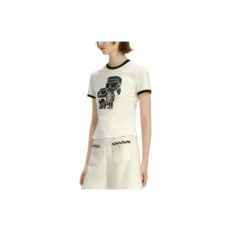 KARL LAGERFELD Logo Print Crew Neck Slim Fit Cropped Short Sleeved T Shirt T Shirt Women's White-5