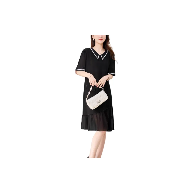 Yi Mengyuan Silk Short Sleeved Dress Women's Black-3