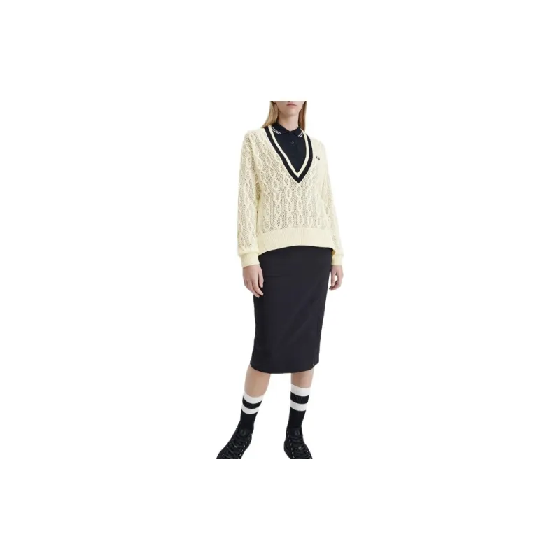 FRED PERRY Open Knit V Neck Jumper Sweater Women's Light Yellow-5
