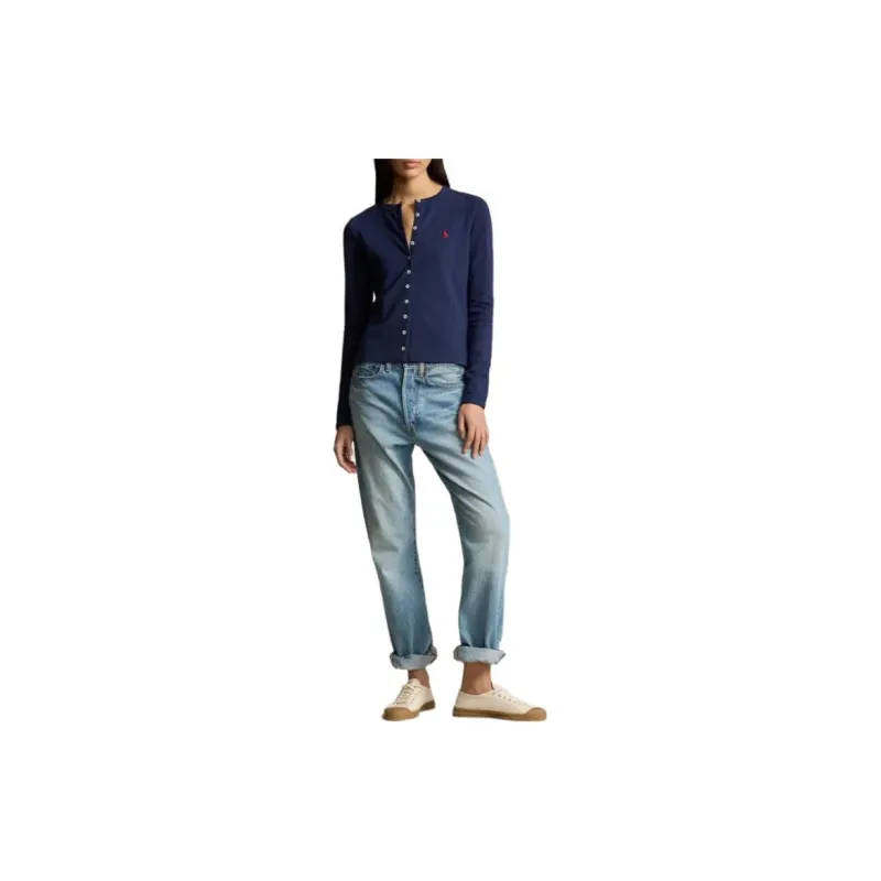 Polo Ralph Lauren Stretch Cotton Crewneck Cardigan Knitwear Women's Navy-1