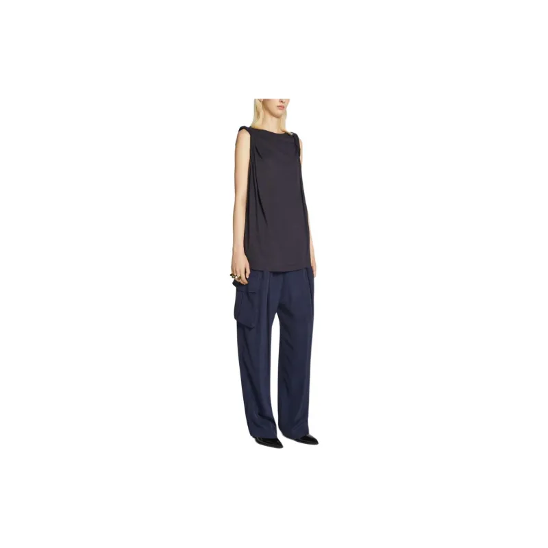 DRIES VAN NOTEN Solid Color Pleated Loose Fit Pullover Sleeveless T-Shirt Women's Marine Blue-3