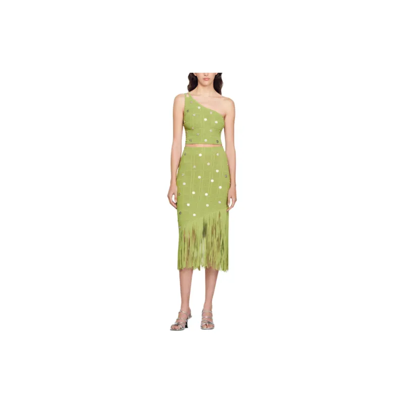 Sandro One Shoulder Crop Top Strapless Top Women's Green-2