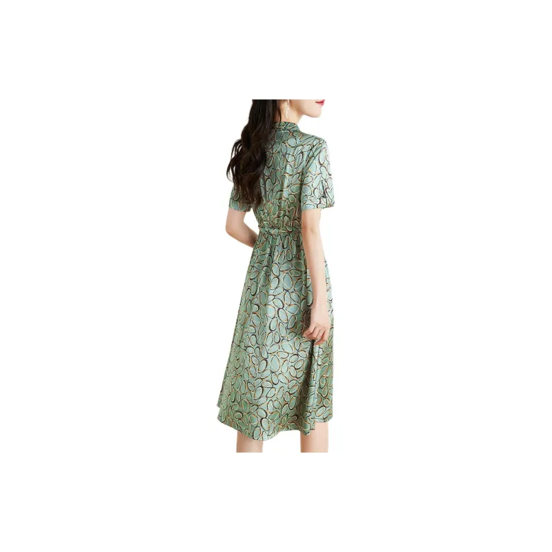 Mo Han Yi Mei Short Sleeved Dress Women's Green With Print-1