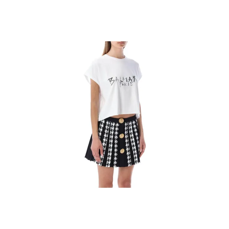 BALMAIN Cropped T Shirt With Graffiti Print 'White'-3