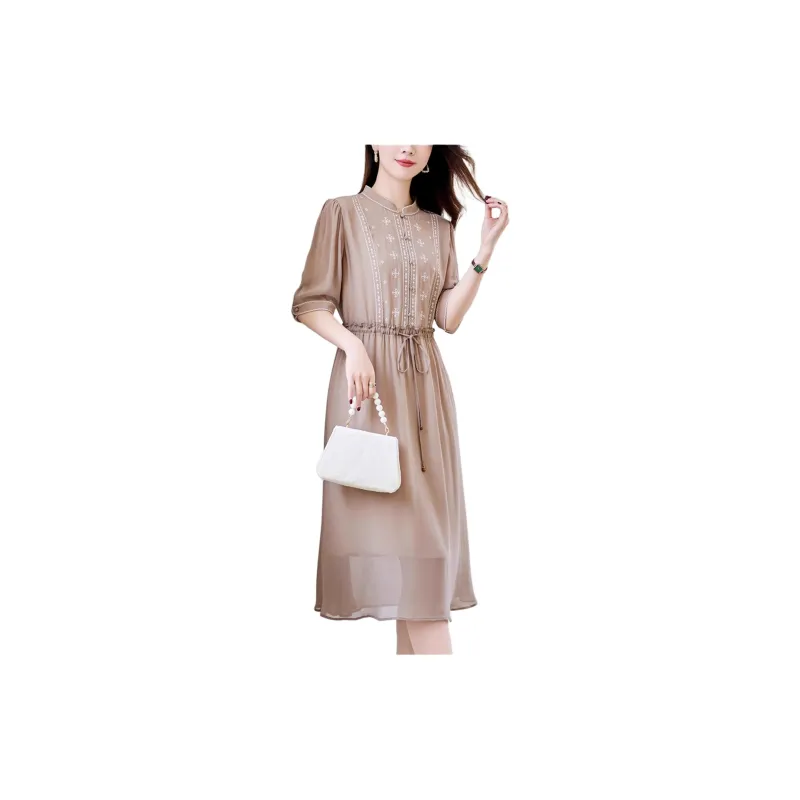 Yi Mengyuan Lace Up Silk Short Sleeved Dress Women's-6