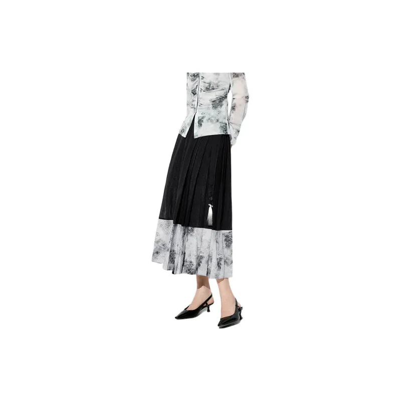 PEACEBIRD x Daria Song Casual Long Skirt Women's Gray Pattern-2