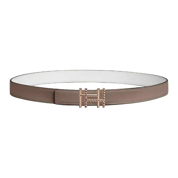 HERMES Brass-Plated Leather Belts Unisex Taupe/White Width: 2.4cm-0
