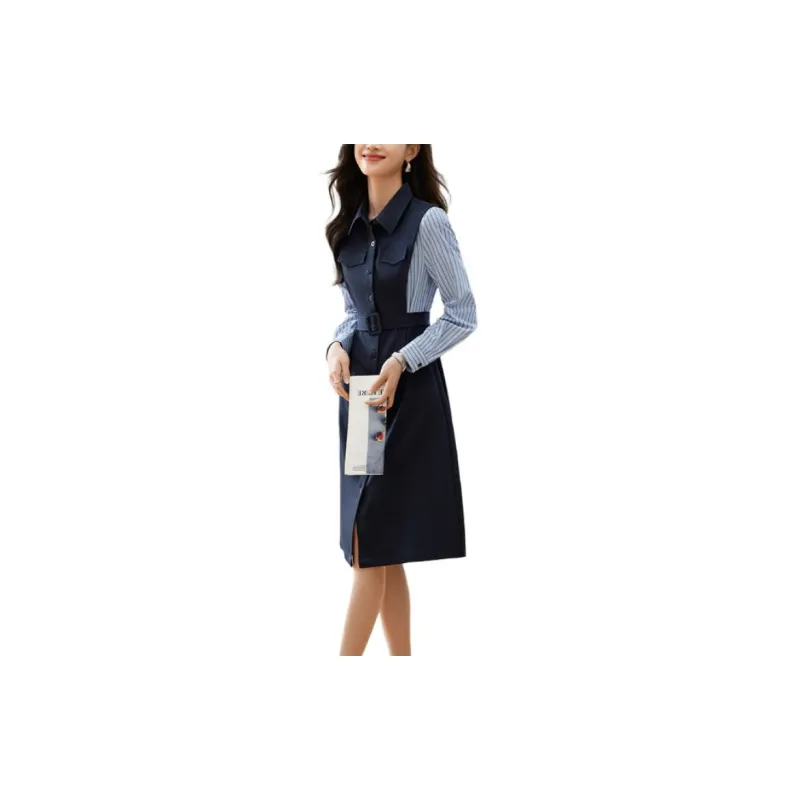 Mo Han Yi Mei Long Sleeved Dresses Women's Navy Blue-1
