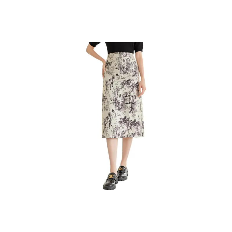 NAWAIN Casual Long Skirt Women's Beige With Black Floral-1