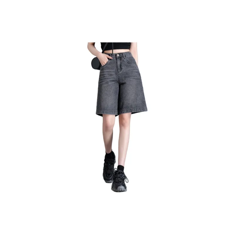 You Cow Me Pants Denim Shorts Women's Black Gray-1