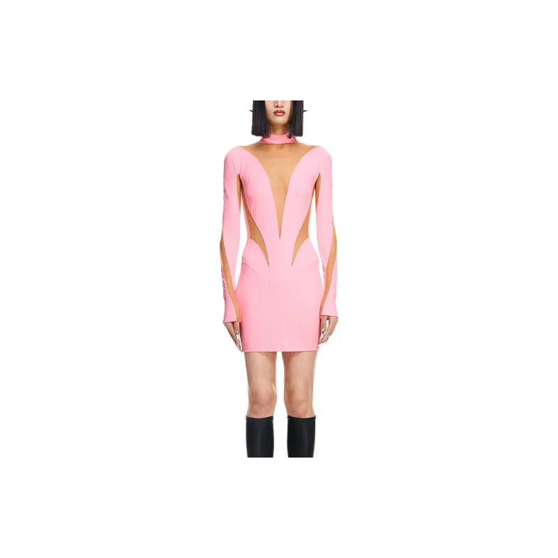 H&M Mesh Paneled Mini Dress Pink/Beige-1