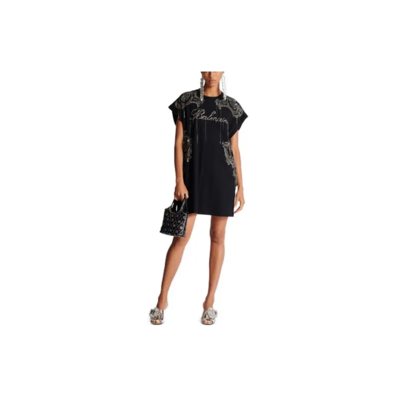 BALMAIN Sleeveless Embroidered Paisley Chains Short Dress 'Black/Old Silver'-1