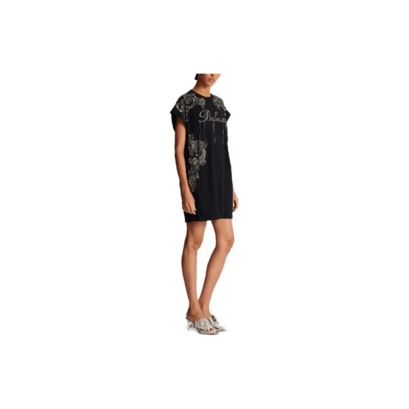 BALMAIN Sleeveless Embroidered Paisley Chains Short Dress 'Black/Old Silver'-3