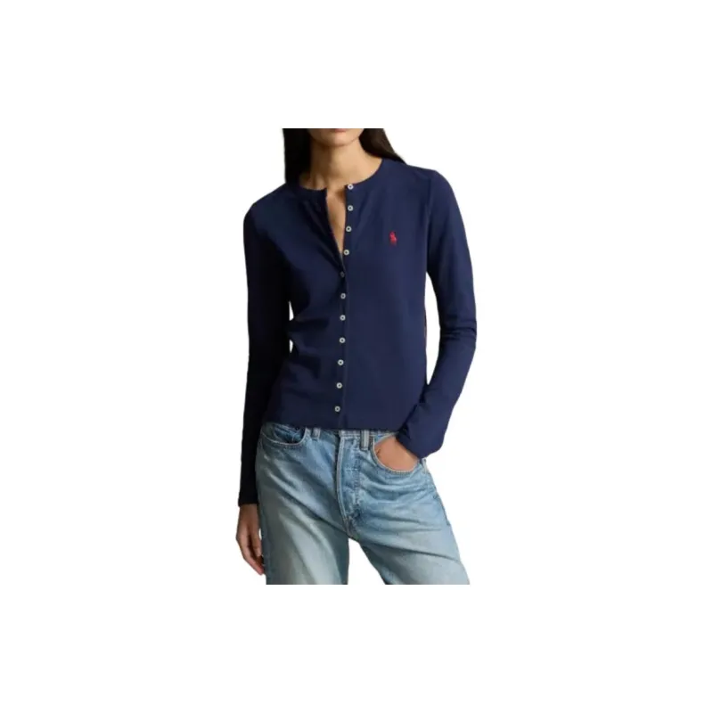 Polo Ralph Lauren Stretch Cotton Crewneck Cardigan Knitwear Women's Navy-2
