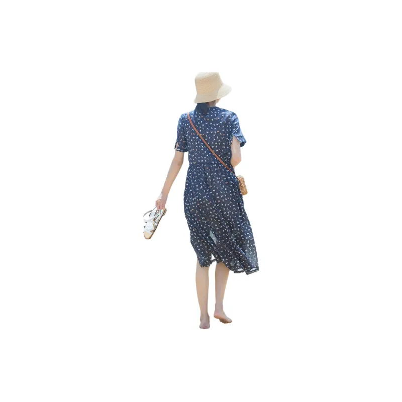 ZIMO Short Sleeved Dress Women's Dark Blue Multicolor-0
