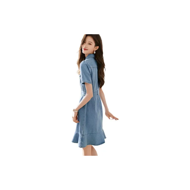 Mo Han Yi Mei Short Sleeved Dress Women's Denim Blue-2