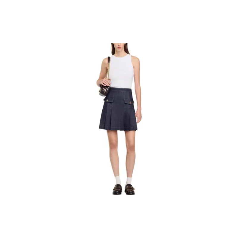 Sandro Mid rise Pleated Denim Miniskirt-2