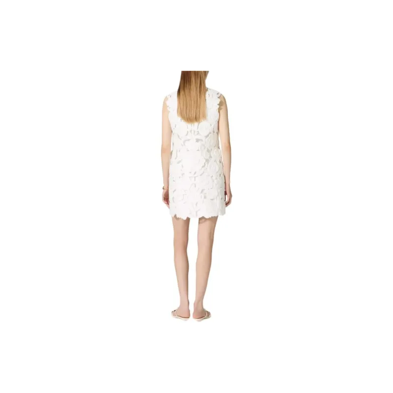 Valentino Embroidered Light Double Splittable Gabardine Short Dress Sleeveless Dress Women's White-2