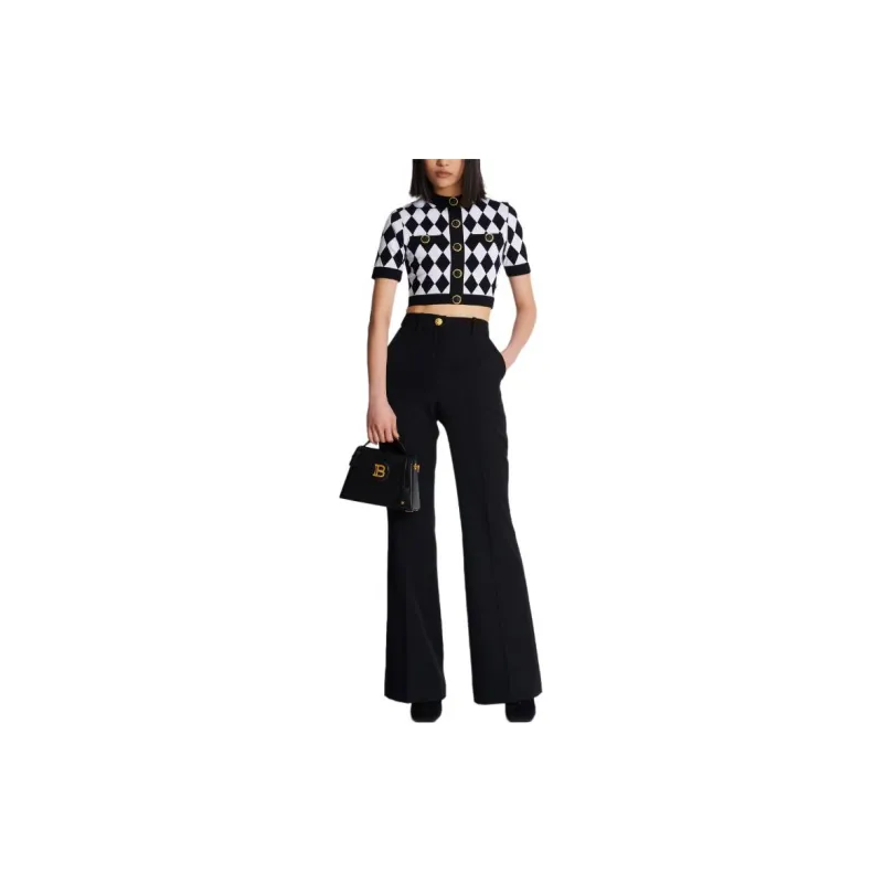 BALMAIN Diamond Patterned Knitted Cropped Top-1