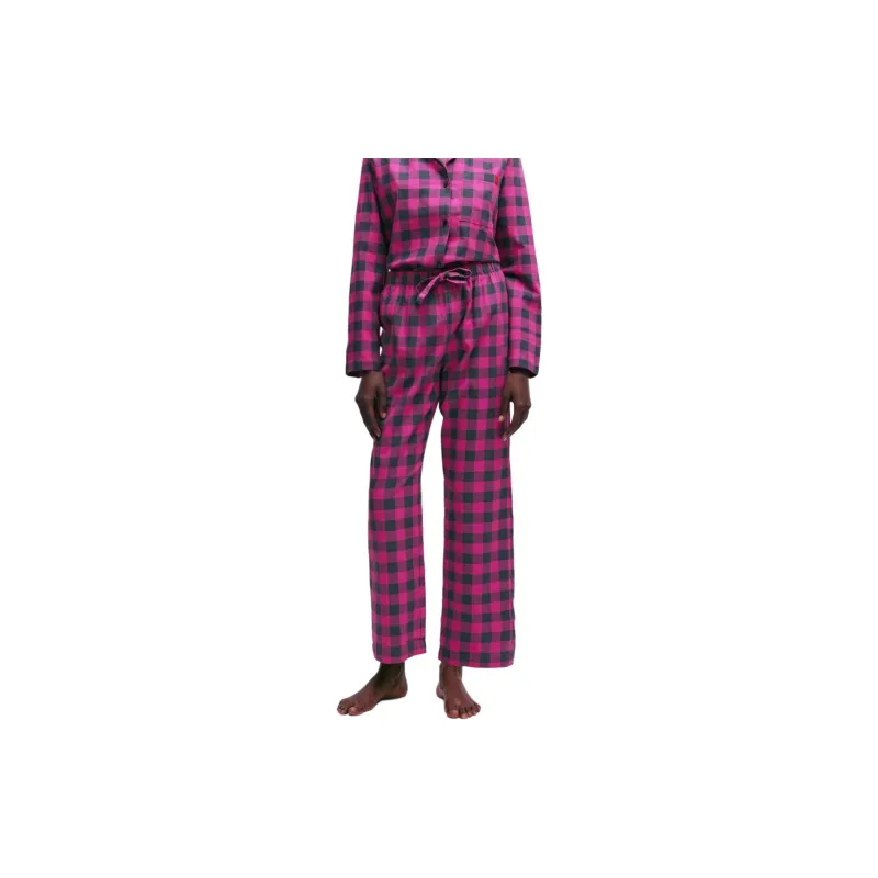 HUGO BOSS SS24 Drawstring Pajama Bottoms In Checked Cotton Flannel Casual Pants Women's Pink-2