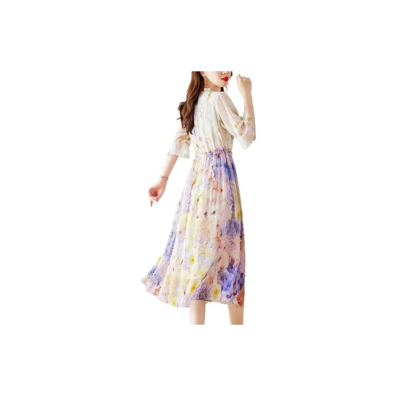 Yi Mengyuan Lace Up Silk Short Sleeved Dress Women's Yellow-3