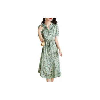 Mo Han Yi Mei Short Sleeved Dress Women's Green With Print