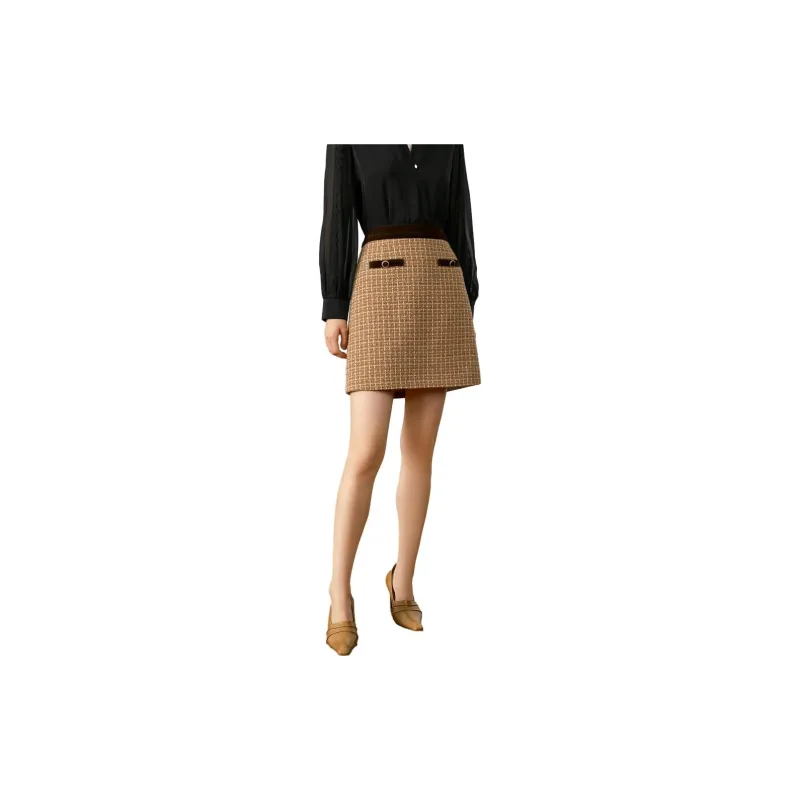 JZ. ANNAKRO Casual Short Skirts Women's Plaid Brown Yellow-5