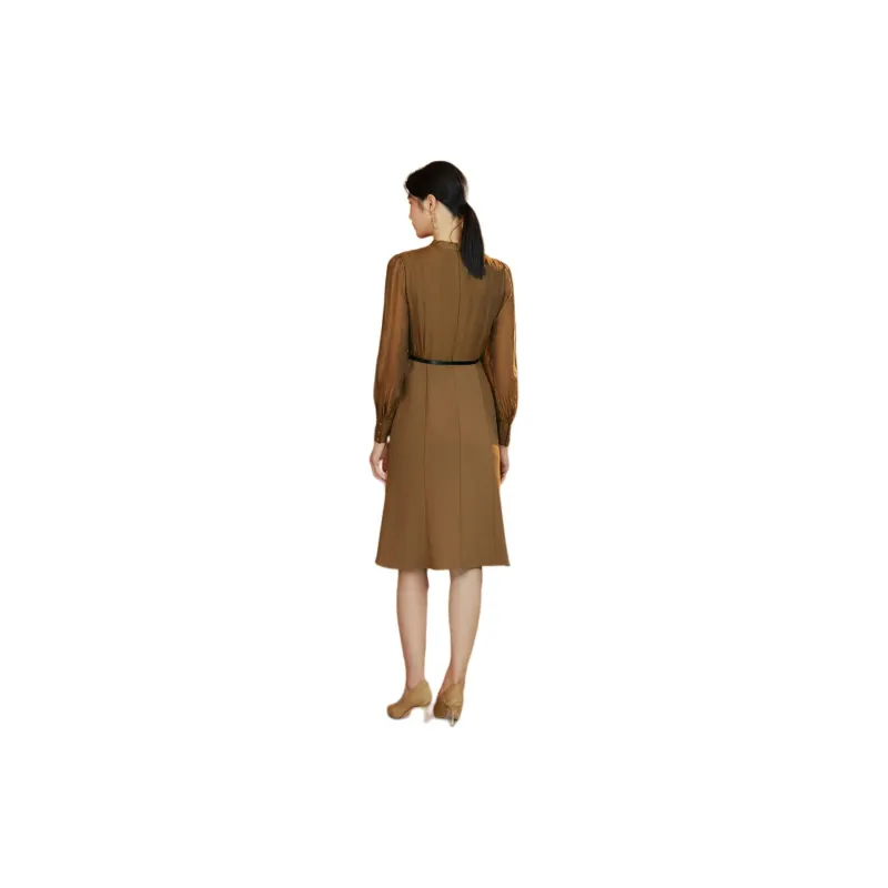 BBLLUUEE Long Sleeved Dress Women's Elegant Camel-2