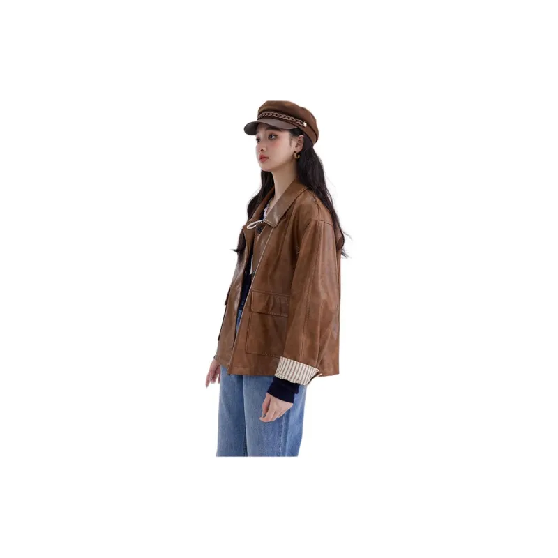 DEAR DEER PUFF Leather Jacket Women's Brown-2