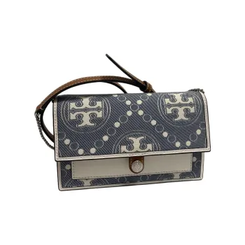 TORY BURCH T Monogram Jacquard Leather Trim Wallets Shoulder Bag Crossbody Bag Women's Pearl Blue