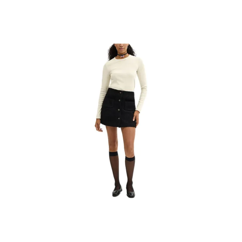 COACH Solid Color Logo Embroidery Ribbed Long Sleeved T Shirt Women's White-1