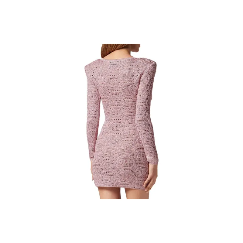 PHILIPP PLEIN Lurex Knit Mini Dress Monogram Long Sleeved Dress Women's Rose Pink-3