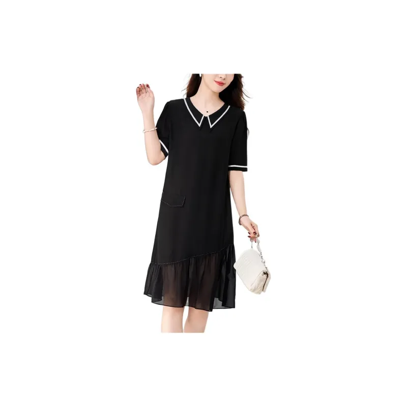 Yi Mengyuan Silk Short Sleeved Dress Women's Black-4