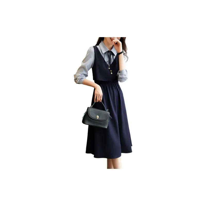 Mo Han Yi Mei Long Sleeved Dress Women's Navy Blue & Blue-5