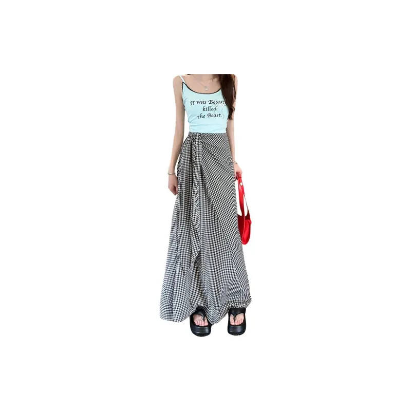 ZNZX Casual Long Skirts Women's Black White Plaid-1