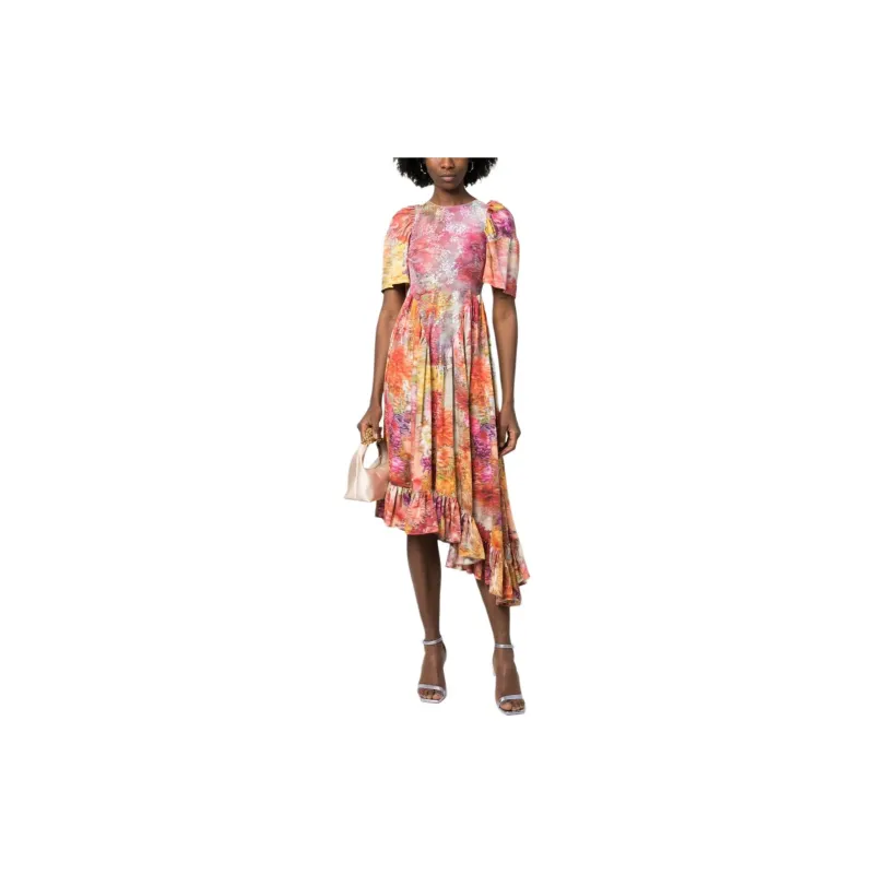 Collina Strade Mix Print Asymmetric Ruffled Midi Dress-1