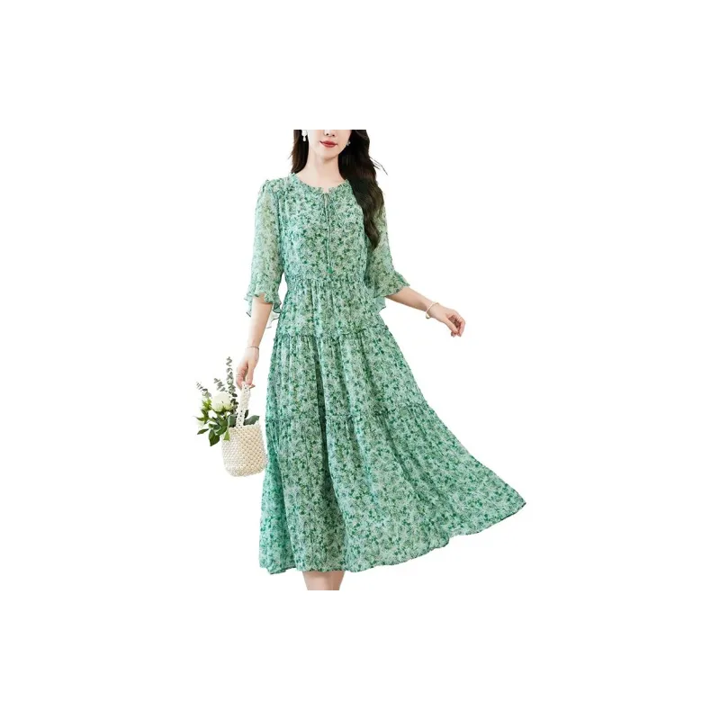 Yi Mengyuan Silk Long Sleeved Dress Women's Green-4