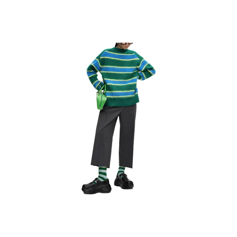 Short Sentence Sweaters Women's Blue Green Stripes-2