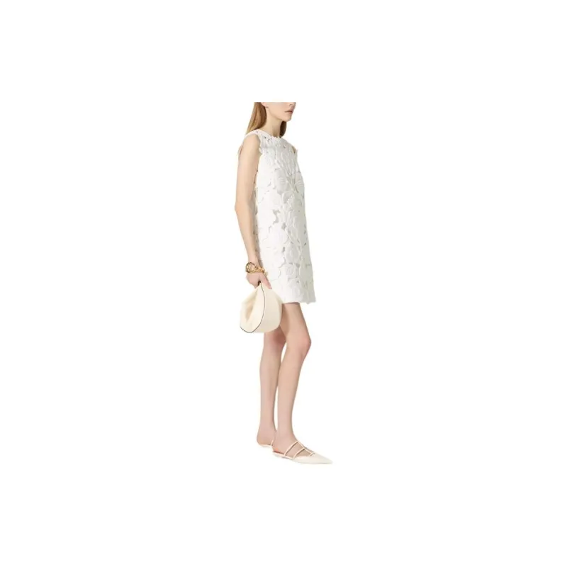 Valentino Embroidered Light Double Splittable Gabardine Short Dress Sleeveless Dress Women's White-3