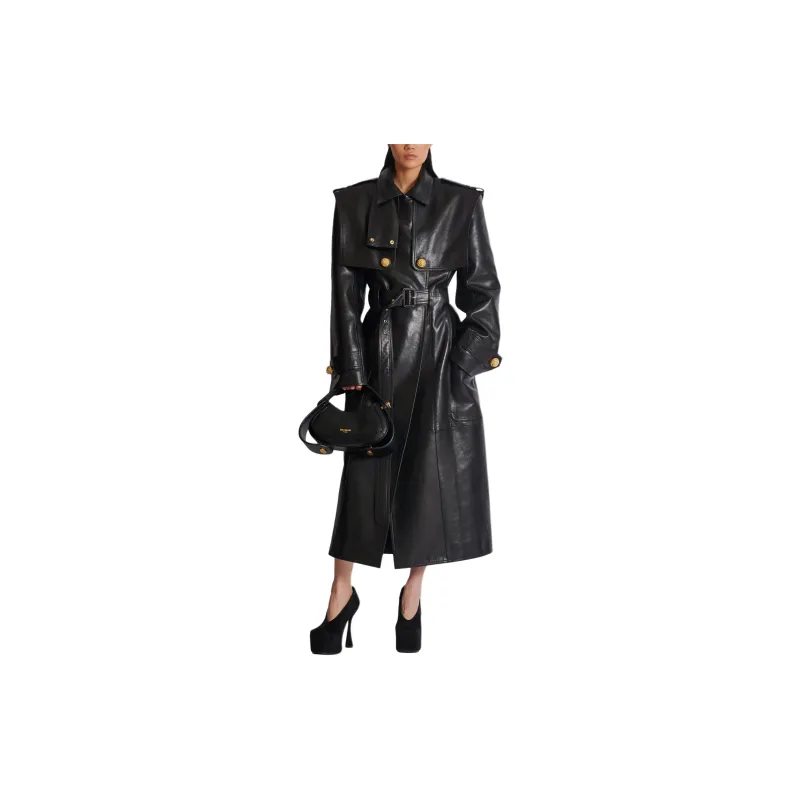 BALMAIN Belted Lambskin Trench Coat-3