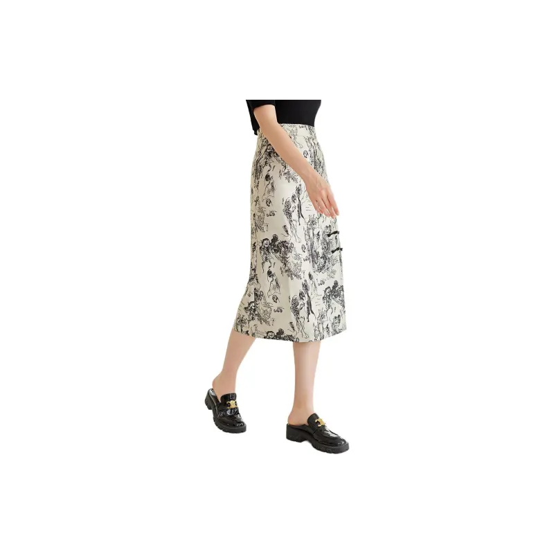 NAWAIN Casual Long Skirt Women's Beige With Black Floral-2