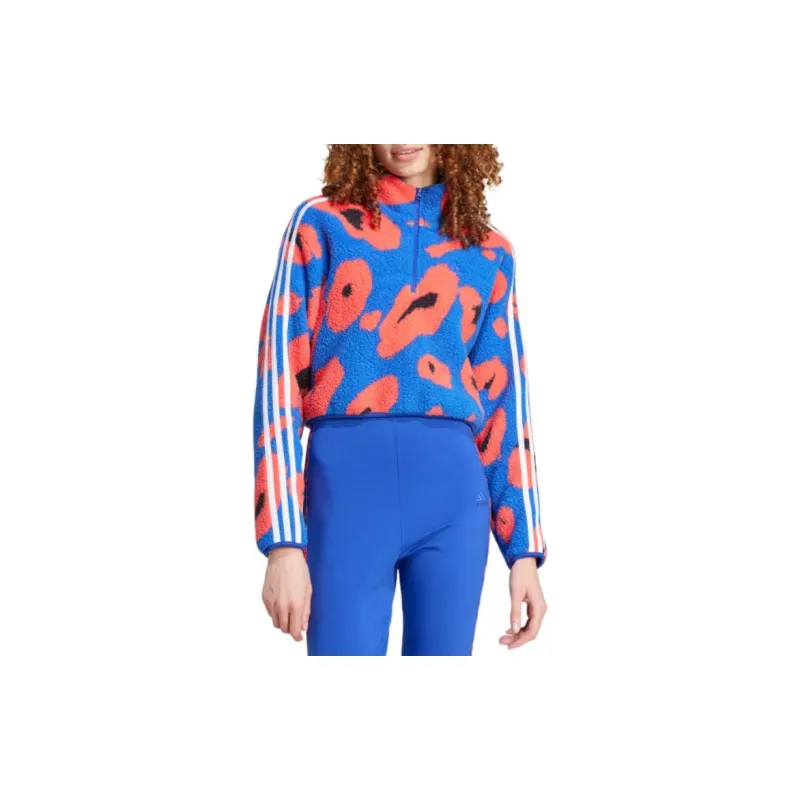 Adidas Free Shipping With AdiClub Essentials 3-Stripes Animal Print High Pile Cropped 1/4 Zip Top-1
