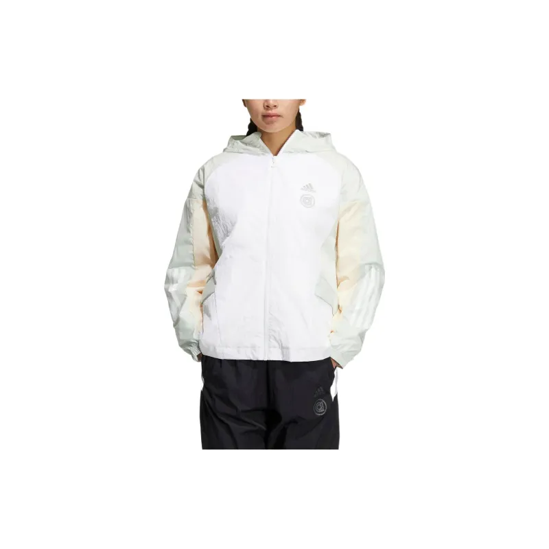adidas Women'ss Striped Logo Print Zip-Up Hooded Jacket White-2