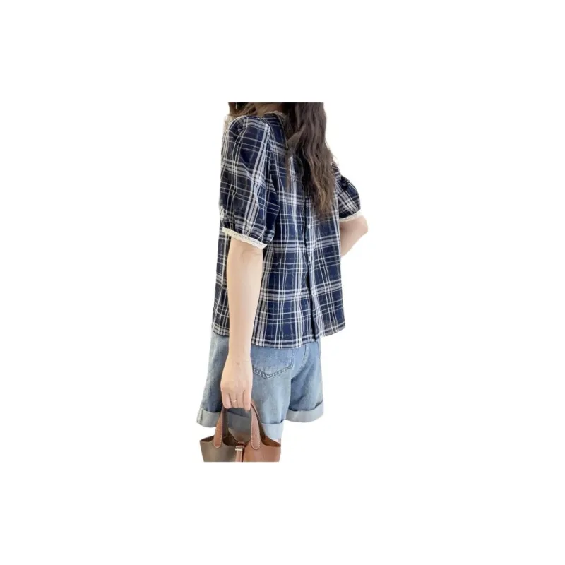 Oudifu Puff Sleeve T Shirt Women's Blue-2