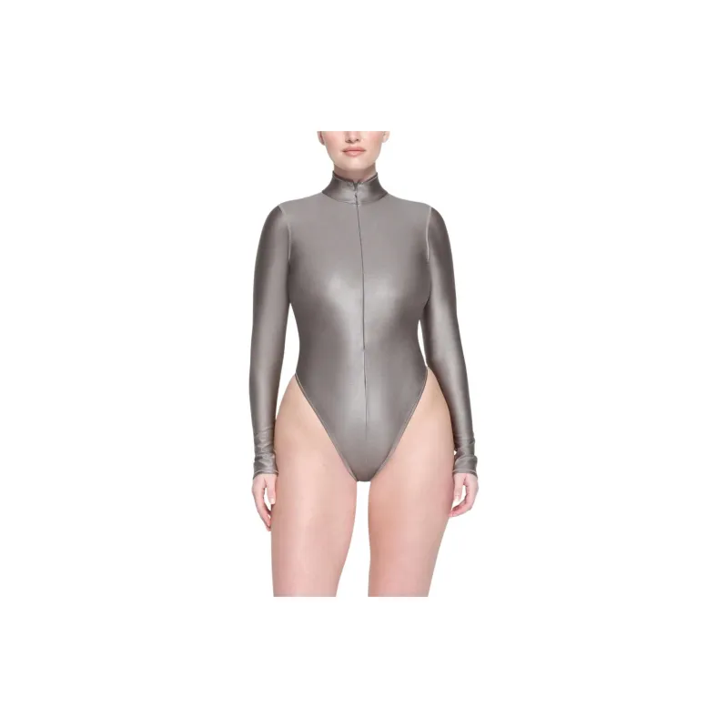 SKIMS SHINE SWIM ZIP FRONT LONG SLEEVE ONE PIECE One-piece Swimsuit Women's SMOKE/Smoke Gray-1