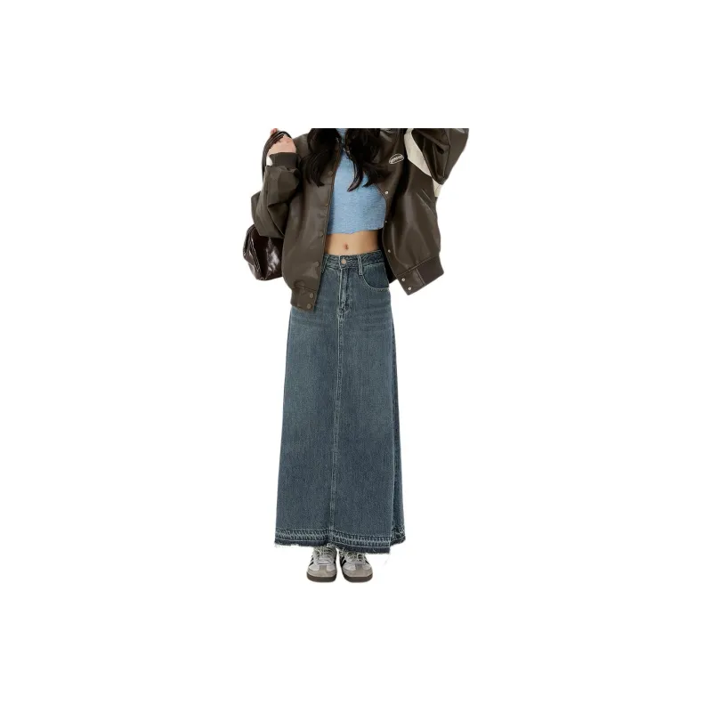 Weixi Denim Long Skirts Women's Vintage Blue-1